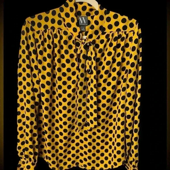 🤎 Worthington Yellow & Black Polka Dot Tie-Neck Blouse | NWT | Size M/L - Picture 7 of 9